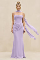Cowl Neck Sheath Chiffon Bridesmaid Dress with Ribbon in Lavender - KissProm Bridesmaid Dresses