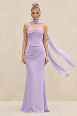 Cowl Neck Sheath Chiffon Bridesmaid Dress with Ribbon in Lavender - KissProm Bridesmaid Dresses