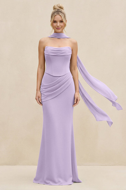 Cowl Neck Sheath Chiffon Bridesmaid Dress with Ribbon in Lavender - KissProm Bridesmaid Dresses