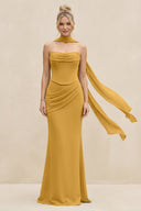 Cowl Neck Sheath Chiffon Bridesmaid Dress with Ribbon in Marigold - KissProm Bridesmaid Dresses