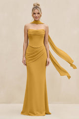 Cowl Neck Sheath Chiffon Bridesmaid Dress with Ribbon in Marigold - KissProm Bridesmaid Dresses