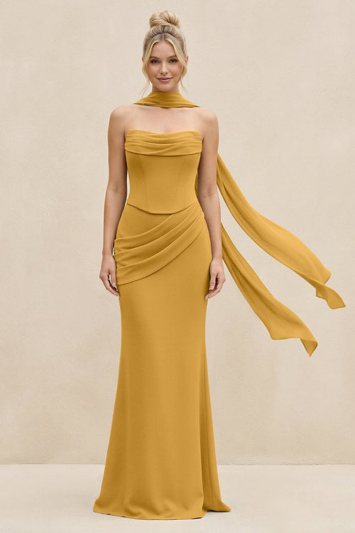 Cowl Neck Sheath Chiffon Bridesmaid Dress with Ribbon in Marigold - KissProm Bridesmaid Dresses