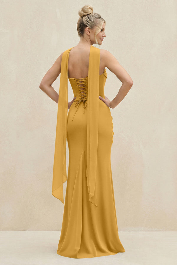 Cowl Neck Sheath Chiffon Bridesmaid Dress with Ribbon in Marigold - KissProm Bridesmaid Dresses