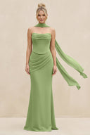 Cowl Neck Sheath Chiffon Bridesmaid Dress with Ribbon in Matcha - KissProm Bridesmaid Dresses