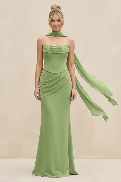 Cowl Neck Sheath Chiffon Bridesmaid Dress with Ribbon in Matcha - KissProm Bridesmaid Dresses