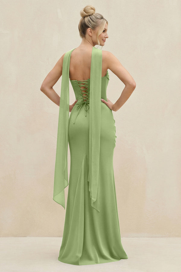 Cowl Neck Sheath Chiffon Bridesmaid Dress with Ribbon in Matcha - KissProm Bridesmaid Dresses