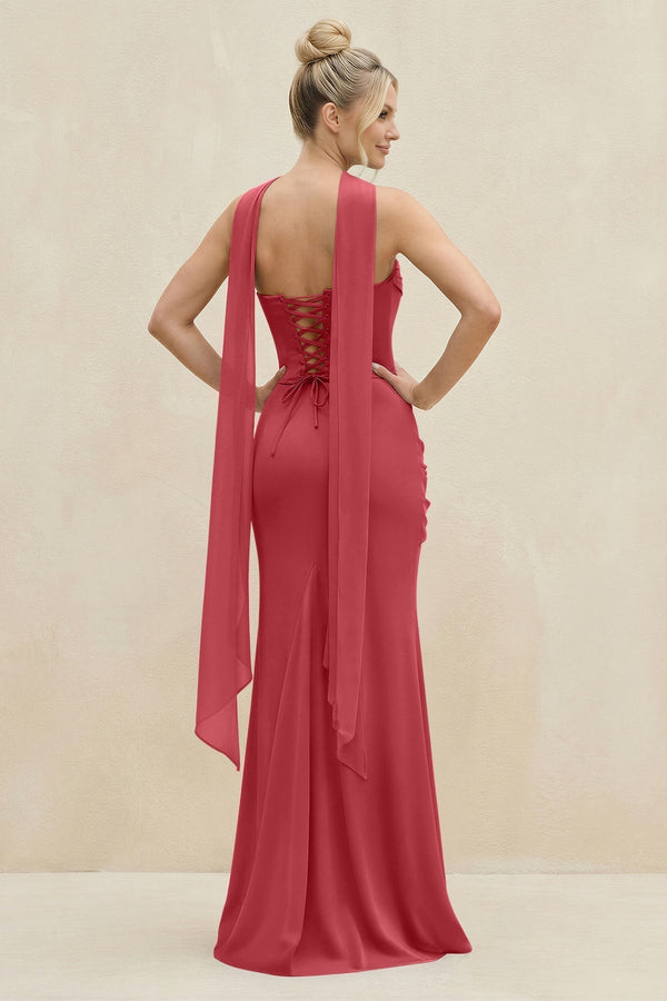 Cowl Neck Sheath Chiffon Bridesmaid Dress with Ribbon in Merlot - KissProm Bridesmaid Dresses