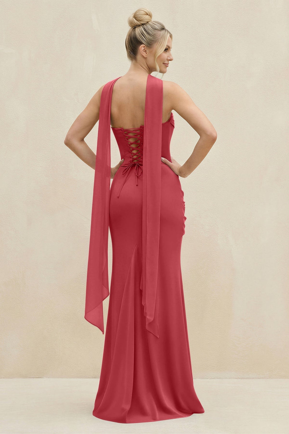 Cowl Neck Sheath Chiffon Bridesmaid Dress with Ribbon in Merlot - KissProm Bridesmaid Dresses