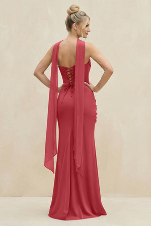 Cowl Neck Sheath Chiffon Bridesmaid Dress with Ribbon in Merlot - KissProm Bridesmaid Dresses