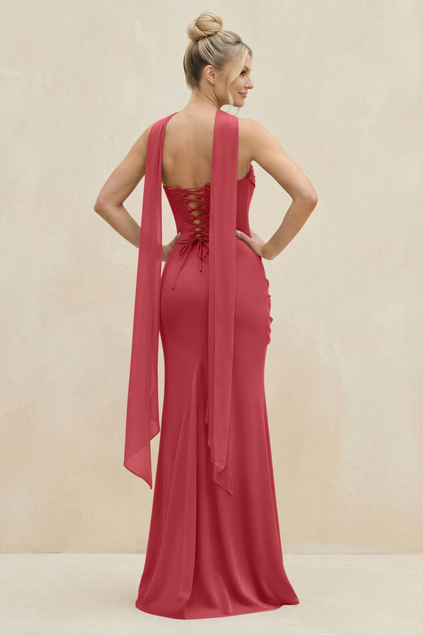Cowl Neck Sheath Chiffon Bridesmaid Dress with Ribbon in Merlot - KissProm Bridesmaid Dresses