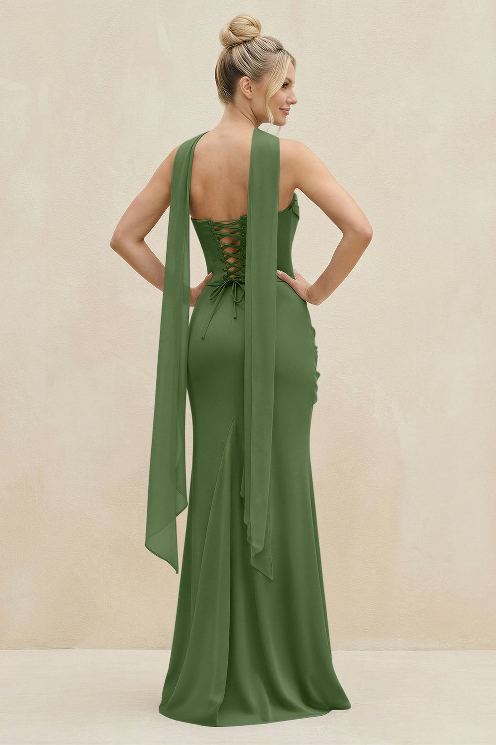Cowl Neck Sheath Chiffon Bridesmaid Dress with Ribbon in Moss - KissProm Bridesmaid Dresses