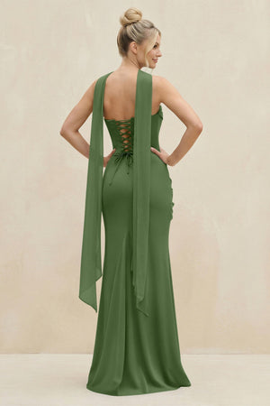 Cowl Neck Sheath Chiffon Bridesmaid Dress with Ribbon in Moss - KissProm Bridesmaid Dresses