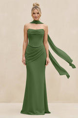 Cowl Neck Sheath Chiffon Bridesmaid Dress with Ribbon in Moss - KissProm Bridesmaid Dresses