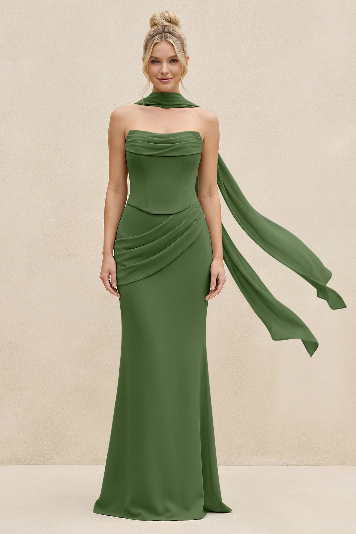 KissProm Cowl Neck Sheath Chiffon Bridesmaid Dress with Ribbon in Moss, Moss / 12