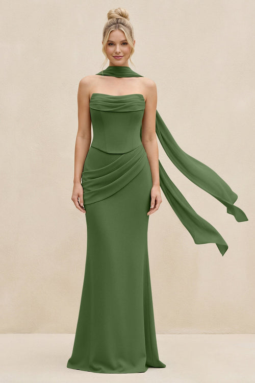 Cowl Neck Sheath Chiffon Bridesmaid Dress with Ribbon in Moss - KissProm Bridesmaid Dresses