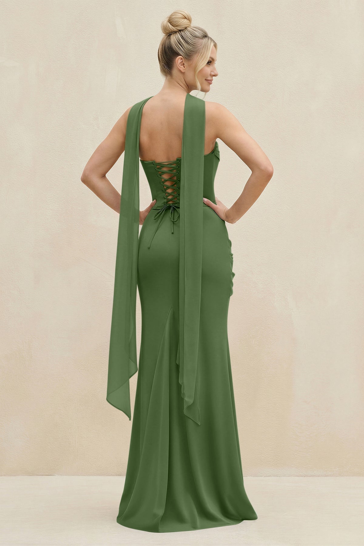 KissProm Cowl Neck Sheath Chiffon Bridesmaid Dress with Ribbon in Moss, Moss / 12