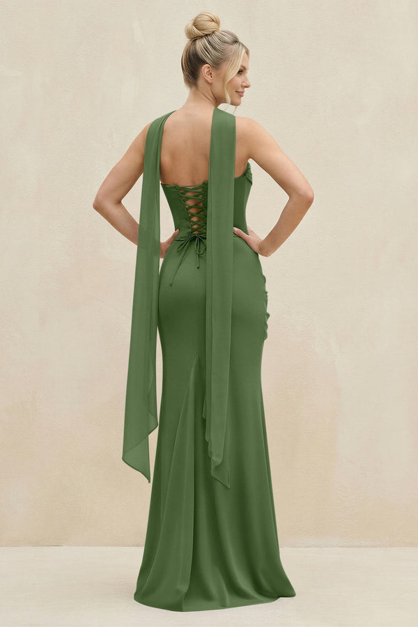 Cowl Neck Sheath Chiffon Bridesmaid Dress with Ribbon in Moss - KissProm Bridesmaid Dresses