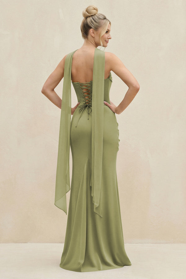 Cowl Neck Sheath Chiffon Bridesmaid Dress with Ribbon in Moss Green - KissProm Bridesmaid Dresses