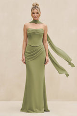 Cowl Neck Sheath Chiffon Bridesmaid Dress with Ribbon in Moss Green - KissProm Bridesmaid Dresses