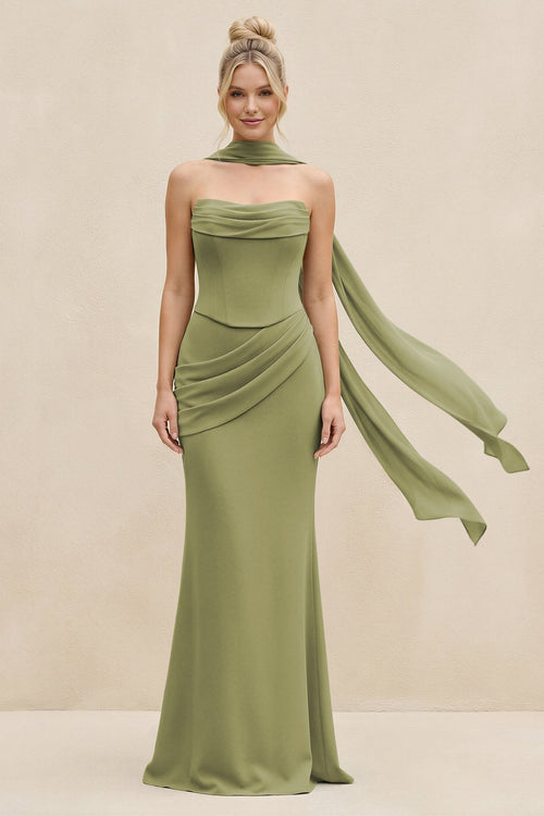 Cowl Neck Sheath Chiffon Bridesmaid Dress with Ribbon in Moss Green - KissProm Bridesmaid Dresses