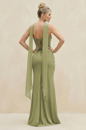 Cowl Neck Sheath Chiffon Bridesmaid Dress with Ribbon in Moss Green - KissProm Bridesmaid Dresses