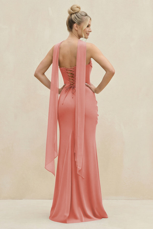 Cowl Neck Sheath Chiffon Bridesmaid Dress with Ribbon in Mulberry - KissProm Bridesmaid Dresses