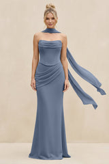 Cowl Neck Sheath Chiffon Bridesmaid Dress with Ribbon in Neptune - KissProm Bridesmaid Dresses