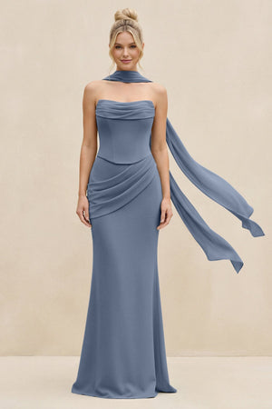 Cowl Neck Sheath Chiffon Bridesmaid Dress with Ribbon in Neptune - KissProm Bridesmaid Dresses
