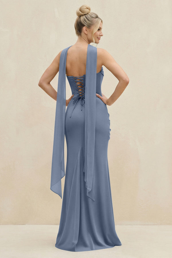 Cowl Neck Sheath Chiffon Bridesmaid Dress with Ribbon in Neptune - KissProm Bridesmaid Dresses