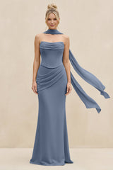 Cowl Neck Sheath Chiffon Bridesmaid Dress with Ribbon in Neptune - KissProm Bridesmaid Dresses