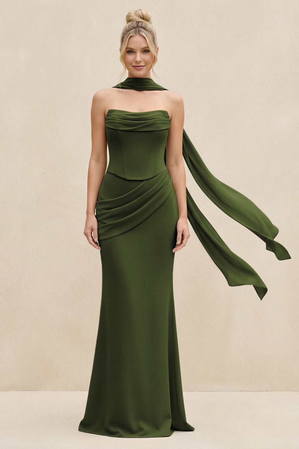 Cowl Neck Sheath Chiffon Bridesmaid Dress with Ribbon in Olive - KissProm Bridesmaid Dresses