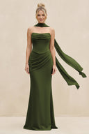 Cowl Neck Sheath Chiffon Bridesmaid Dress with Ribbon in Olive - KissProm Bridesmaid Dresses