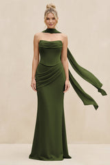 Cowl Neck Sheath Chiffon Bridesmaid Dress with Ribbon in Olive - KissProm Bridesmaid Dresses