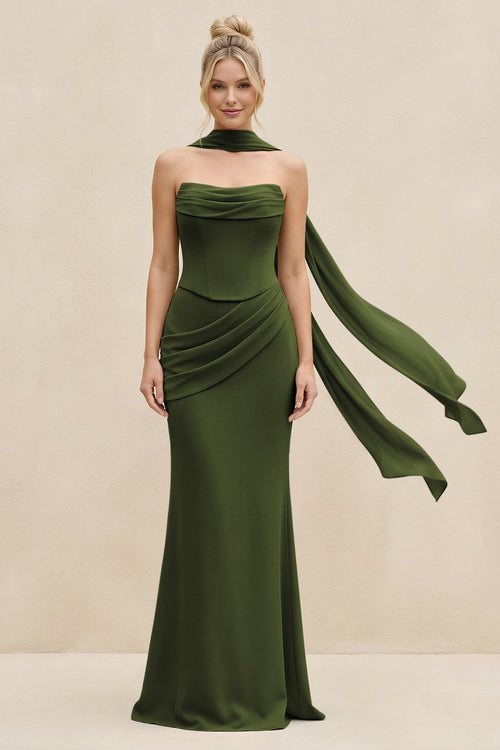 Cowl Neck Sheath Chiffon Bridesmaid Dress with Ribbon in Olive - KissProm Bridesmaid Dresses