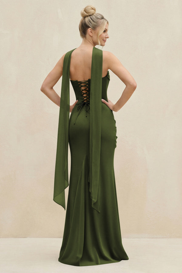 Cowl Neck Sheath Chiffon Bridesmaid Dress with Ribbon in Olive - KissProm Bridesmaid Dresses