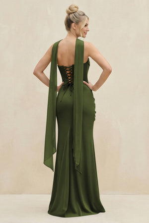 Cowl Neck Sheath Chiffon Bridesmaid Dress with Ribbon in Olive - KissProm Bridesmaid Dresses