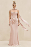 Cowl Neck Sheath Chiffon Bridesmaid Dress with Ribbon in Pale Blush - KissProm Bridesmaid Dresses