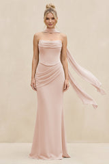 Cowl Neck Sheath Chiffon Bridesmaid Dress with Ribbon in Pale Blush - KissProm Bridesmaid Dresses