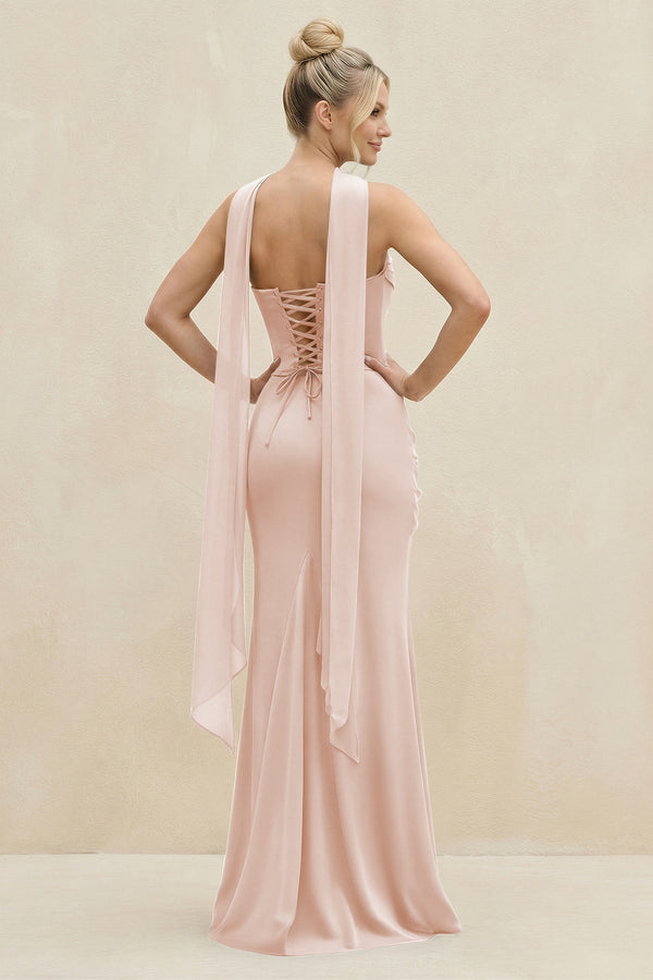 Cowl Neck Sheath Chiffon Bridesmaid Dress with Ribbon in Pale Blush - KissProm Bridesmaid Dresses