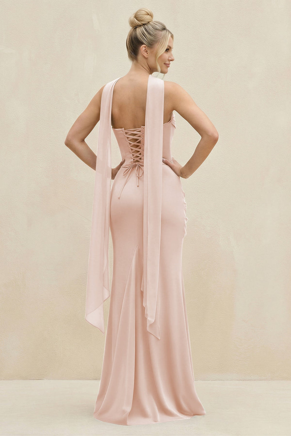 Cowl Neck Sheath Chiffon Bridesmaid Dress with Ribbon in Pale Blush - KissProm Bridesmaid Dresses