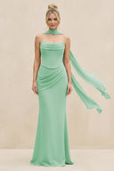 Cowl Neck Sheath Chiffon Bridesmaid Dress with Ribbon in Pale Pistachio - KissProm Bridesmaid Dresses