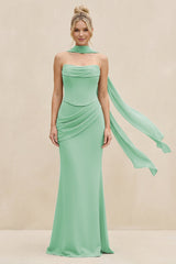Cowl Neck Sheath Chiffon Bridesmaid Dress with Ribbon in Pale Pistachio - KissProm Bridesmaid Dresses