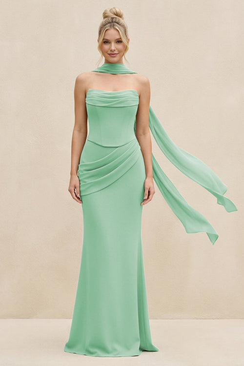 Cowl Neck Sheath Chiffon Bridesmaid Dress with Ribbon in Pale Pistachio - KissProm Bridesmaid Dresses