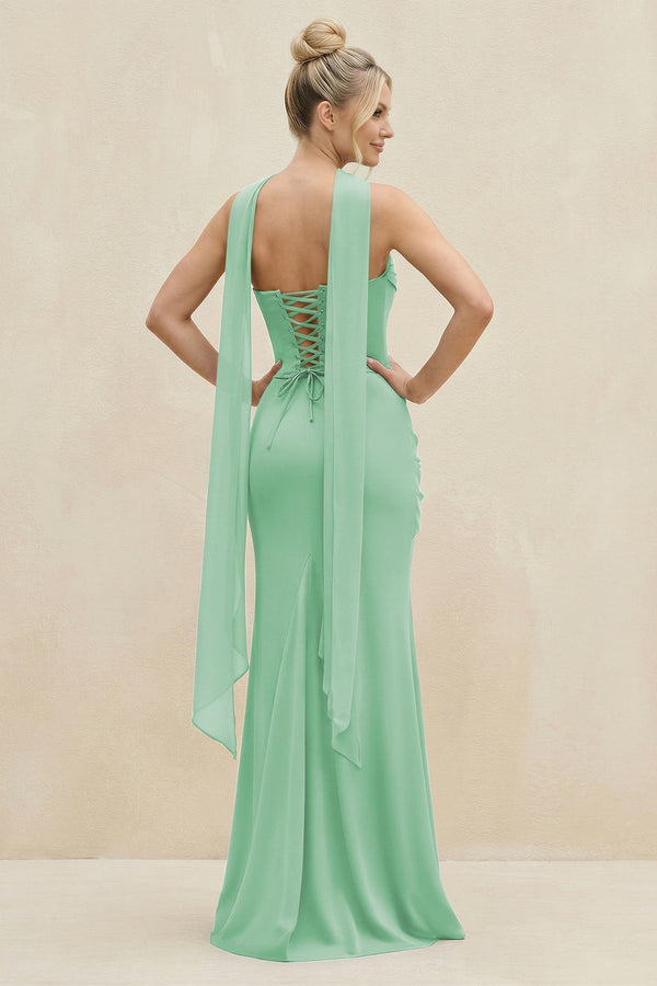Cowl Neck Sheath Chiffon Bridesmaid Dress with Ribbon in Pale Pistachio - KissProm Bridesmaid Dresses
