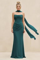 Cowl Neck Sheath Chiffon Bridesmaid Dress with Ribbon in Pine - KissProm Bridesmaid Dresses
