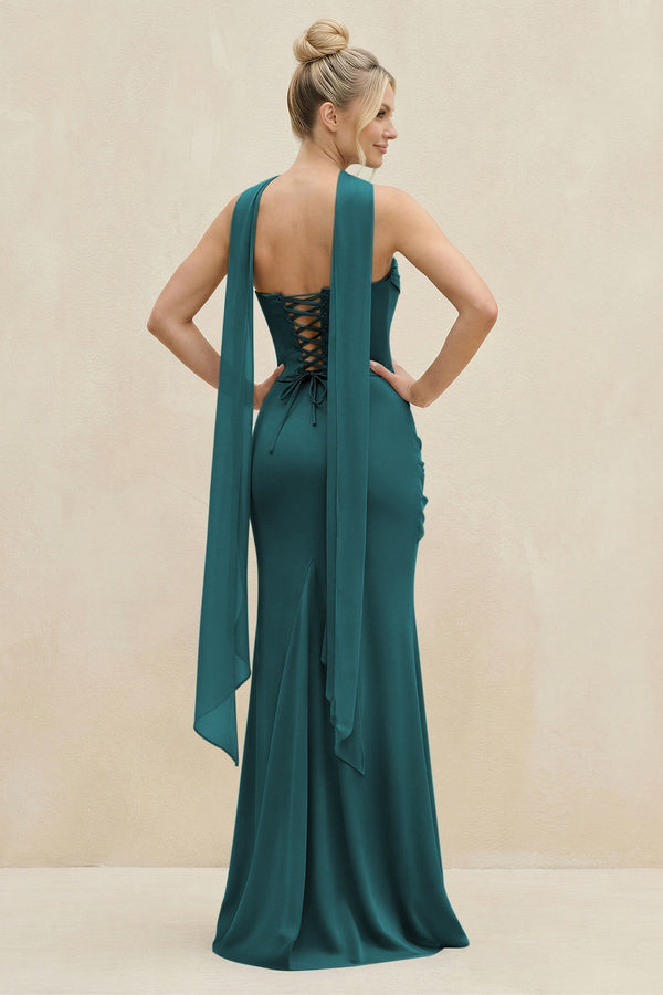 Cowl Neck Sheath Chiffon Bridesmaid Dress with Ribbon in Pine - KissProm Bridesmaid Dresses
