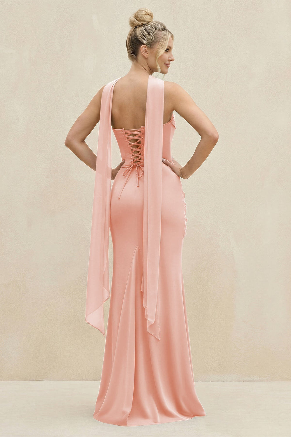 Cowl Neck Sheath Chiffon Bridesmaid Dress with Ribbon in Rose Petal - KissProm Bridesmaid Dresses