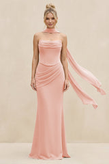 Cowl Neck Sheath Chiffon Bridesmaid Dress with Ribbon in Rose Petal - KissProm Bridesmaid Dresses
