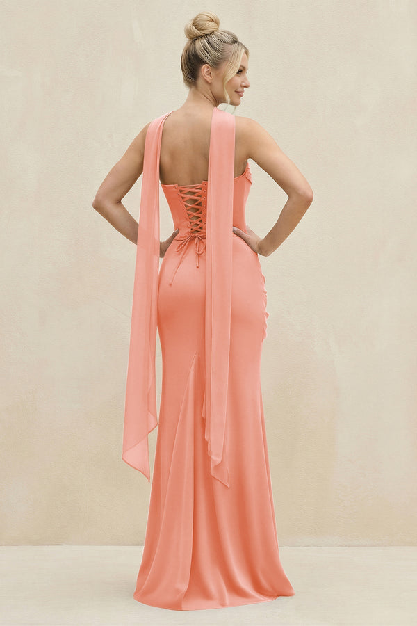 Cowl Neck Sheath Chiffon Bridesmaid Dress with Ribbon in Rosette - KissProm Bridesmaid Dresses