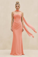 Cowl Neck Sheath Chiffon Bridesmaid Dress with Ribbon in Rosette - KissProm Bridesmaid Dresses
